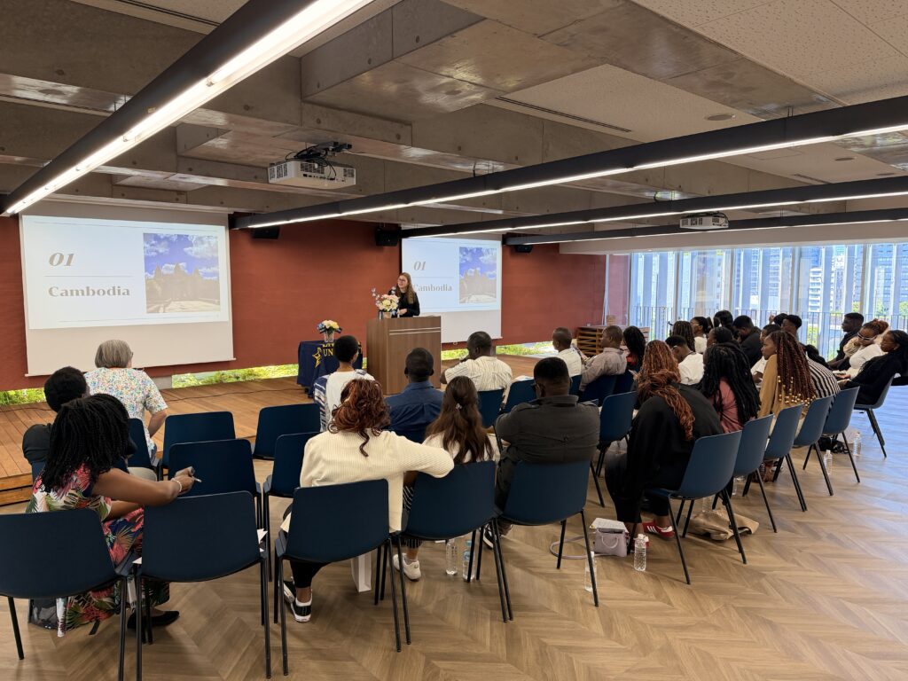 Postgraduate student, Mara Peppermuller, presents to Strathmore University.